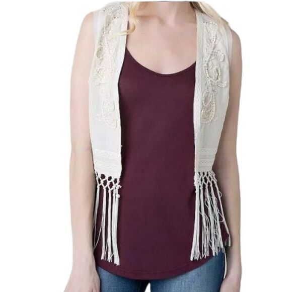 Miss Me Boho Vest Womens Medium Bohemian Hippie Flower Fringe Cut Out - Picture 4 of 11